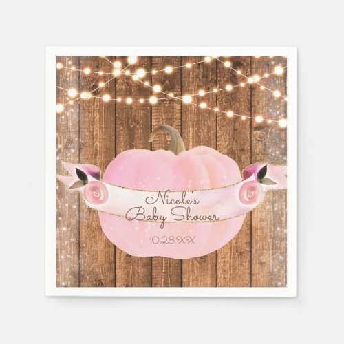 Pink Sparkle Pumpkin Autumn Rustic Wood Lights Paper Napkins