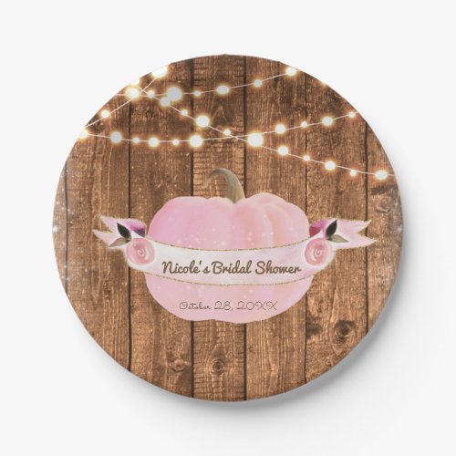 Pink Sparkle Pumpkin Autumn Rustic Wood Lights Paper Plates