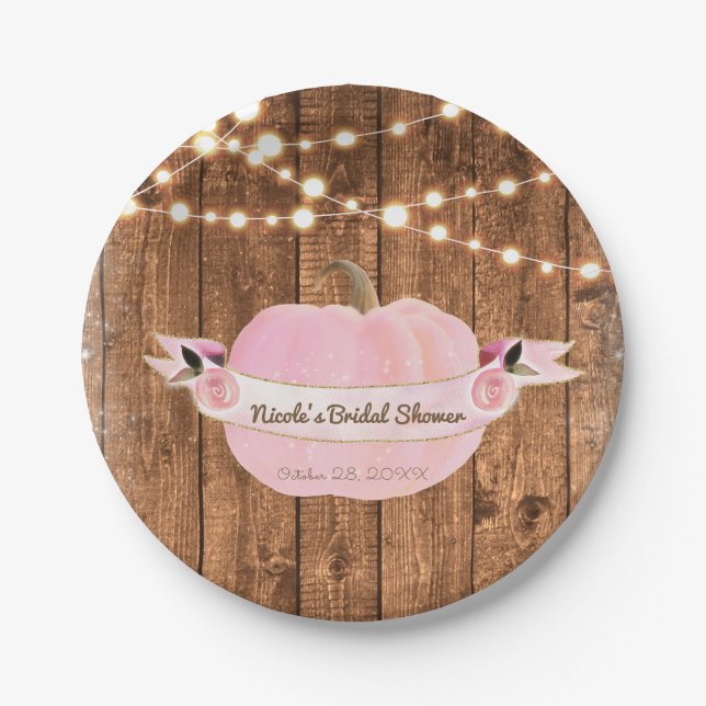 Pink Sparkle Pumpkin Autumn Rustic Wood Lights Paper Plates (Front)