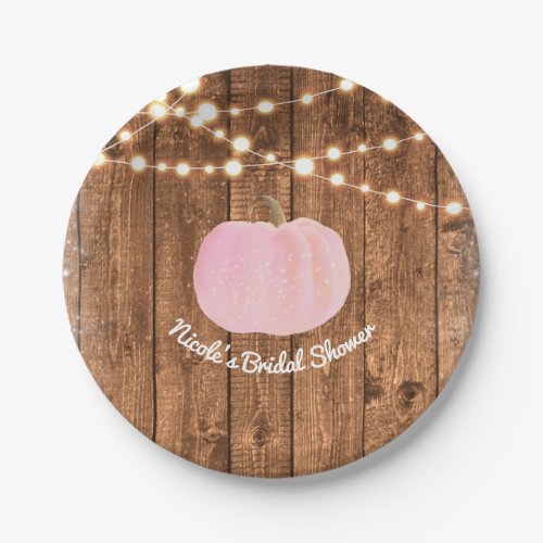 Pink Sparkle Pumpkin Autumn Rustic Wood Lights Paper Plates