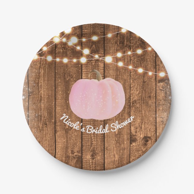 Pink Sparkle Pumpkin Autumn Rustic Wood Lights Paper Plates (Front)