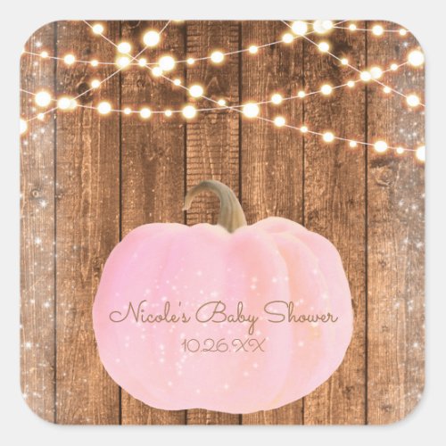 Pink Sparkle Pumpkin Autumn Rustic Wood Lights Square Sticker