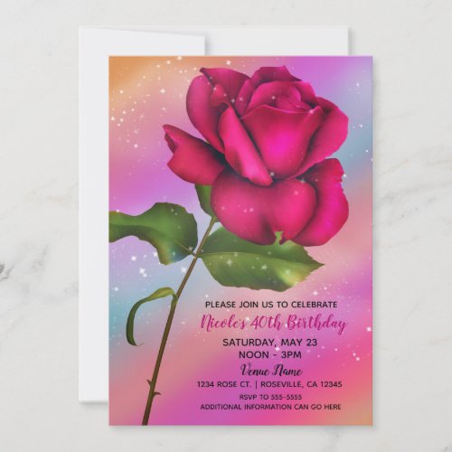 Pink Sparkle Rose Rainbow Pastel Birthday Party Invitation