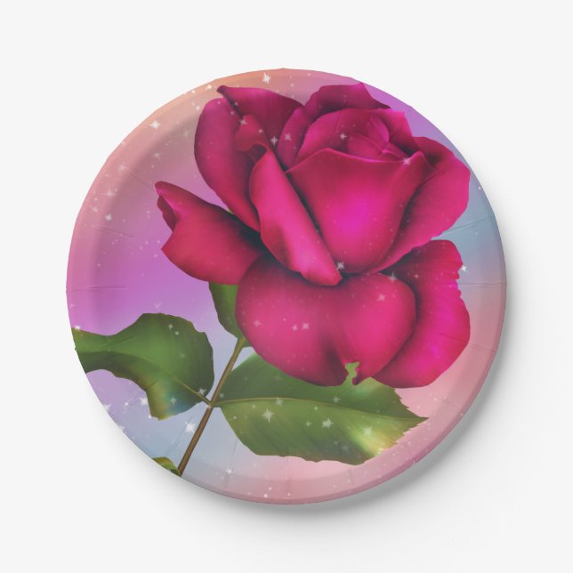 Pink Sparkle Rose Rainbow Pastel Birthday Party Paper Plates (Front)