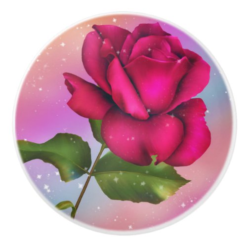 Pink Sparkle Rose Rainbow Pastel Floral Ceramic Knob