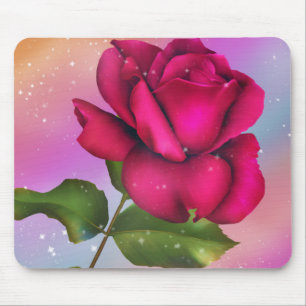 Pink Sparkle Rose Rainbow Pastel Floral Mouse Pad