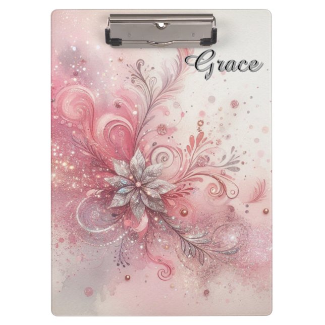 Pink Sparkle Silver Glitter Flower Personalized   Clipboard (Front)