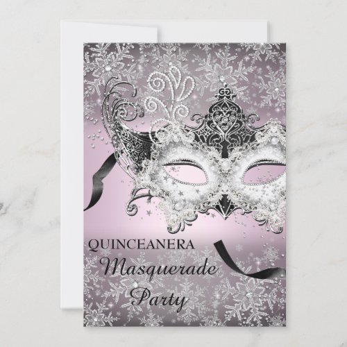 Pink Sparkle Snowflake Masquerade Quinceanera Invitation