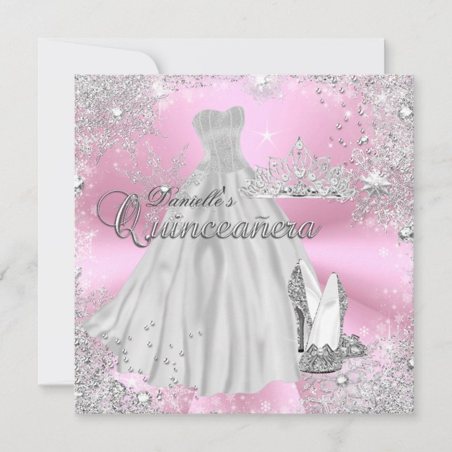 Pink Sparkle Snowflake Quinceanera Invitation (Front)