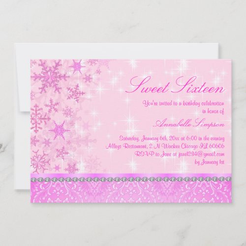 Pink Sparkle Snowflake Sweet16 Invite