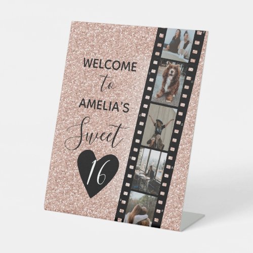 Pink Sparkle Sweet 16 Birthday Welcome Photo  Pedestal Sign