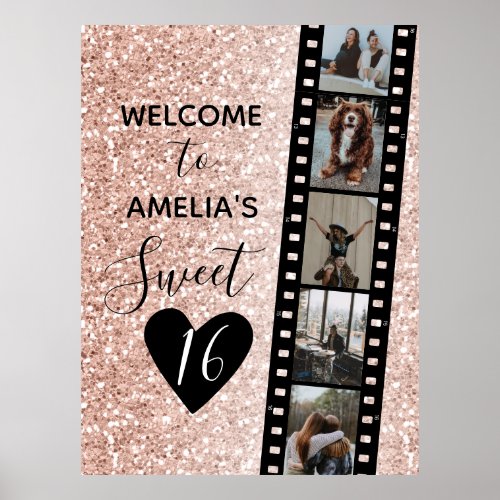 Pink Sparkle Sweet 16 Birthday Welcome Photo Poster