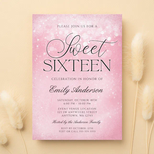 Pink Sparkle Sweet 16 Invitation | Zazzle