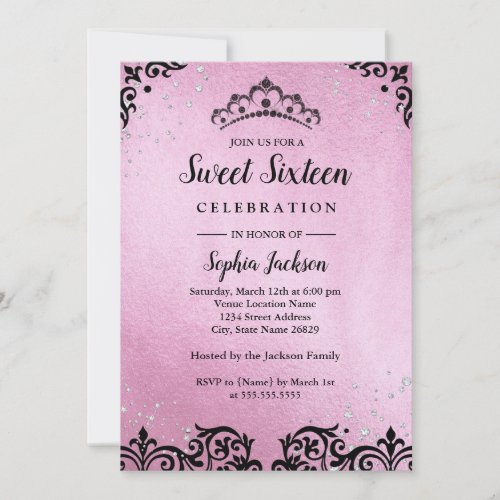 Pink Sparkle Tiara Damask Sweet Sixteen Invitation