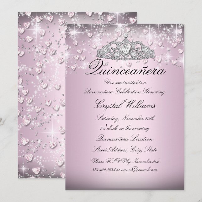 Pink Sparkle Tiara & Hearts Quinceanera Invite (Front/Back)