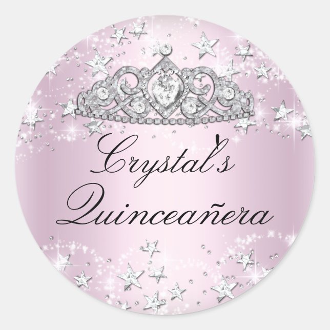 Pink Sparkle Tiara Stars Quinceanera Sticker (Front)