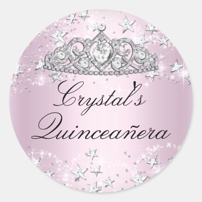 Pink Sparkle Tiara Stars Quinceanera Sticker (Front)