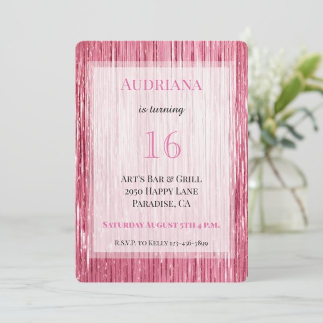Pink Sparkle Tinsel Stripes 21st Birthday Invitation (Standing Front)