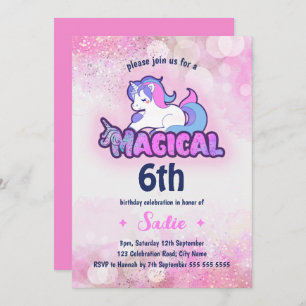 Pink Sparkle Unicorn Magical Any Age 6th Birthday Invitation