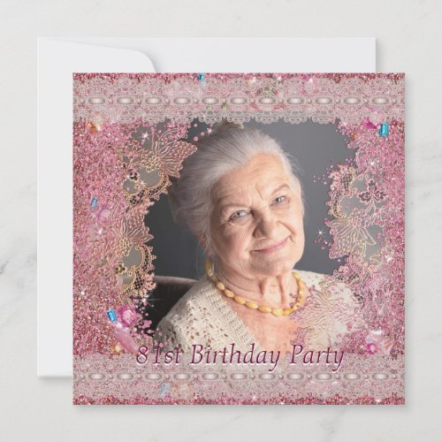 Pink Sparkle Womans Pink Photo 81st Birthday Party Invitation