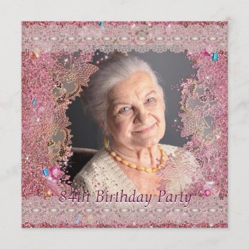Pink Sparkle Womans Pink Photo 84th Birthday Party Invitation by InvitationCentral at Zazzle
