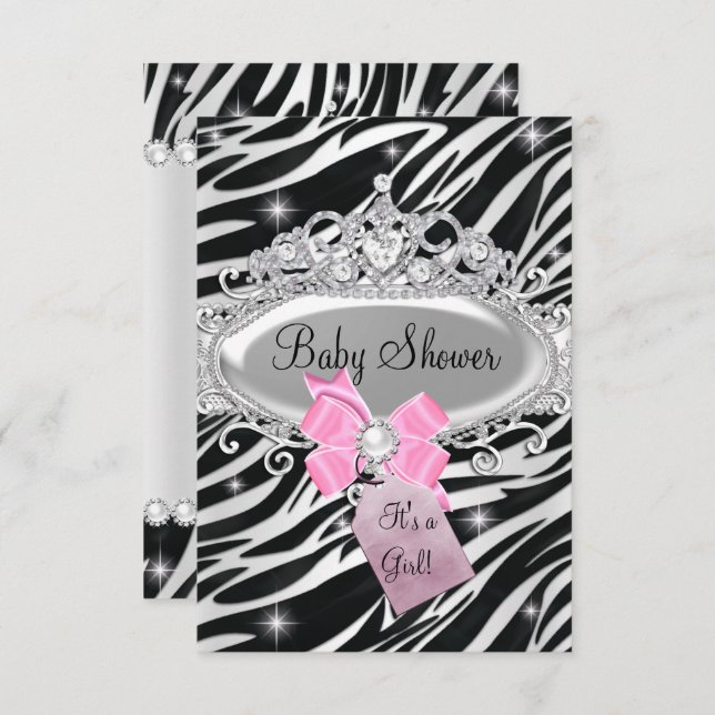 Pink Sparkle Zebra Princess Tiara Baby Shower Invitation (Front/Back)