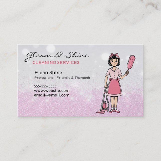 Pink Sparkles Cleaner Cleaning Lady Service Business Card (Front)