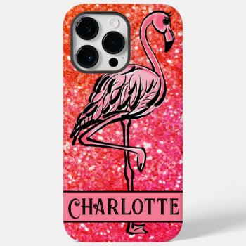 Pink Sparkling Glitter Flamingo Monogrammed    Case-mate Iphone 14 Pro Max Case by Omtastic at Zazzle