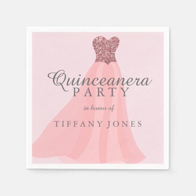 Pink Sparkling Glitter Gown Quinceanera Party Napkins (Front)