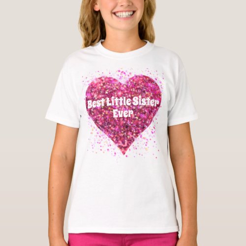 Pink sparkling glitter heart best little sister  T_Shirt