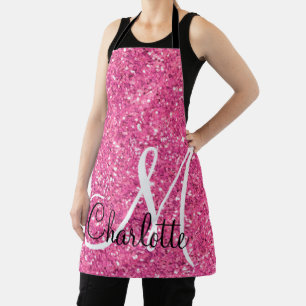 Pink sparkling glitter monogrammed apron