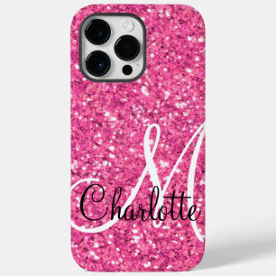Pink sparkling glitter monogrammed Case-Mate iPhone 14 pro max case