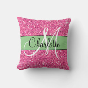 Pink sparkling glitter monogrammed throw pillow