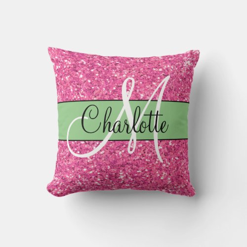 Pink sparkling glitter monogrammed     throw pillow