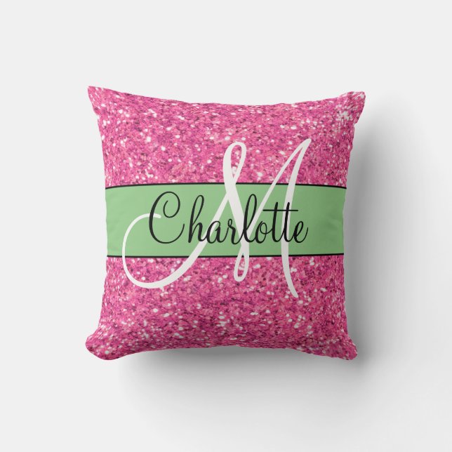 Pink sparkling glitter monogrammed     throw pillow (Front)