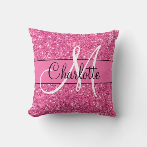 Pink sparkling glitter monogrammed      throw pillow