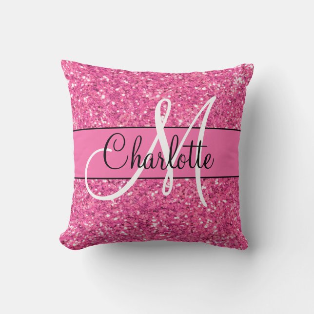 Pink sparkling glitter monogrammed      throw pillow (Front)