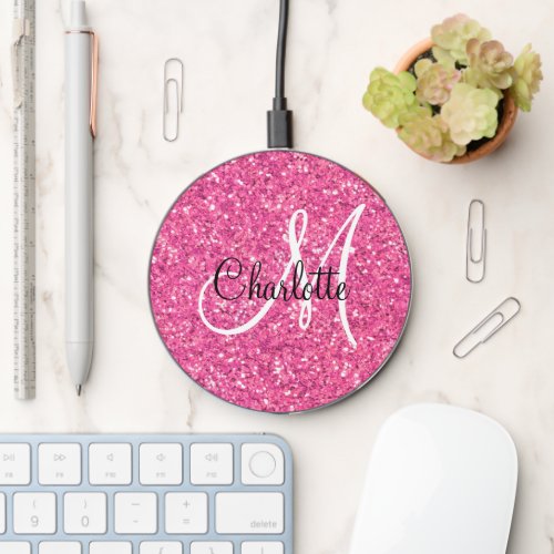 Pink sparkling glitter monogrammed      wireless charger 