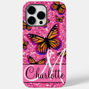 Pink sparkling glitter, orange pink butterflies Case-Mate iPhone 14 pro max case