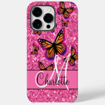 Pink sparkling glitter, orange pink butterflies