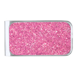 Pink sparkling glitter pattern silver finish money clip