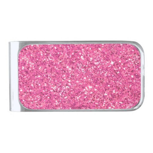 Pink sparkling glitter pattern     silver finish money clip