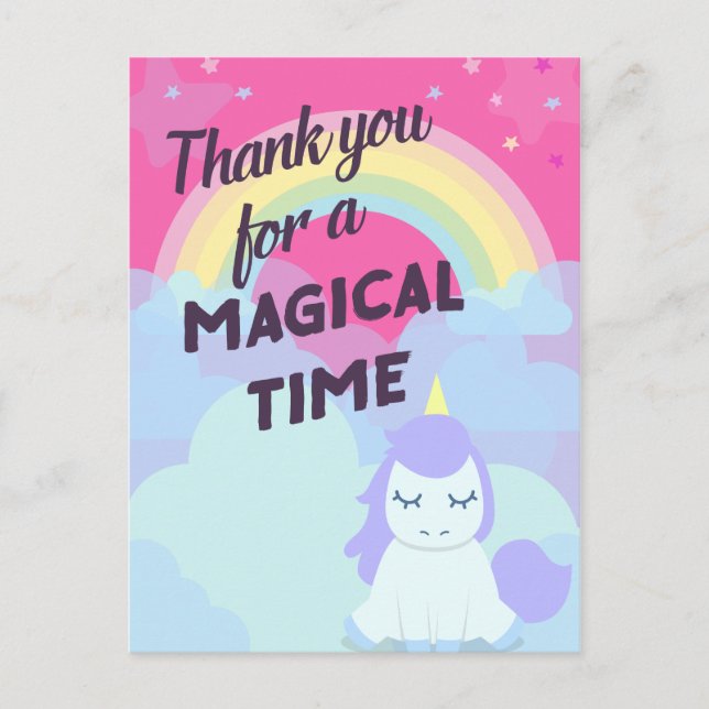 Pink sparkling magical rainbow unicorn thank you postcard (Front)