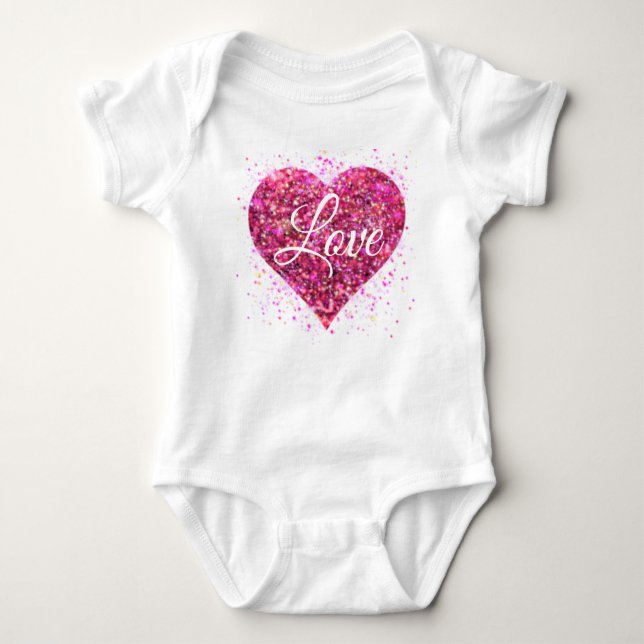 Pink sparkling sequins, love graffiti valentine baby bodysuit (Front)