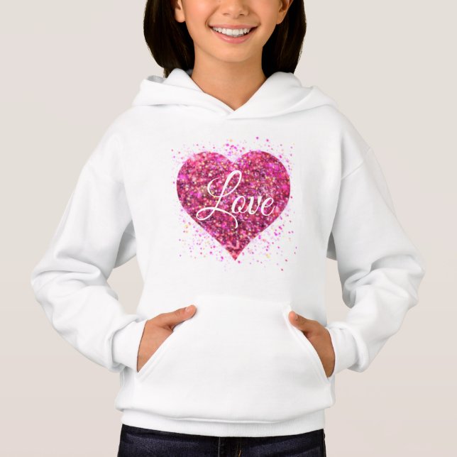 Pink sparkling sequins, love graffiti valentine hoodie (Front)