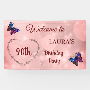 Pink Sparkly Butterfly personalised 90th Birthday Banner
