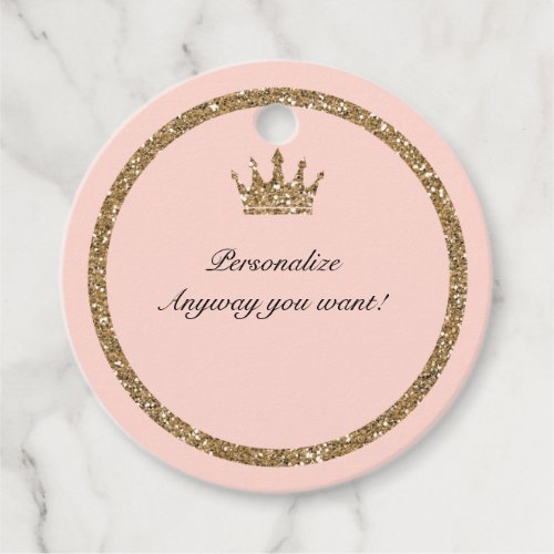 Pink Sparkly Gold Glitter Sweet 16 Princess Crown Favor Tags