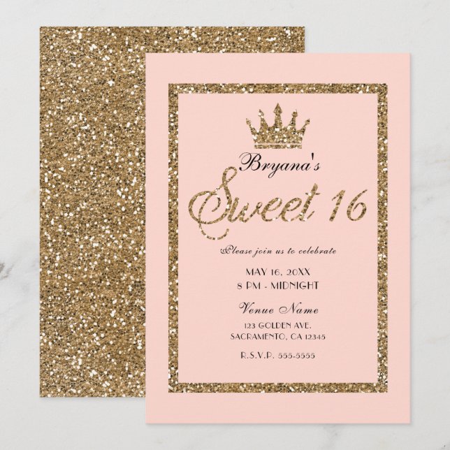 Pink Sparkly Gold Glitter Sweet 16 Princess Crown Invitation (Front/Back)