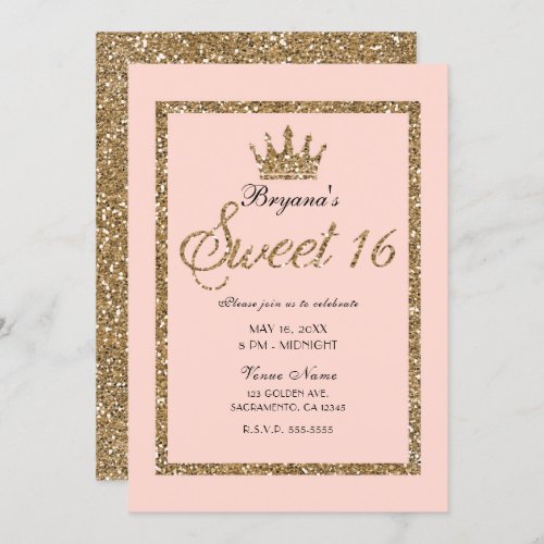 Pink Sparkly Gold Glitter Sweet 16 Princess Crown Invitation