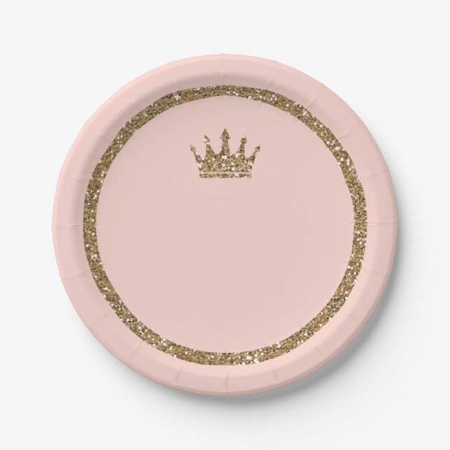 Pink Sparkly Gold Glitter Sweet 16 Princess Crown Paper Plates (Front)